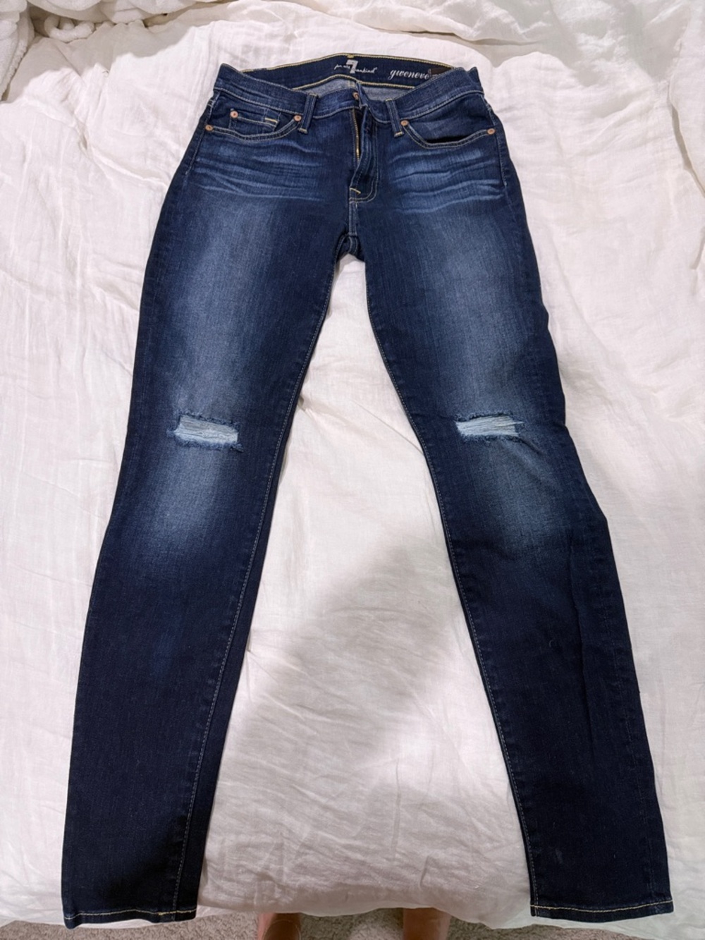 7 For All Mankind Dark Blue Skinny Jeans with Knee Distress